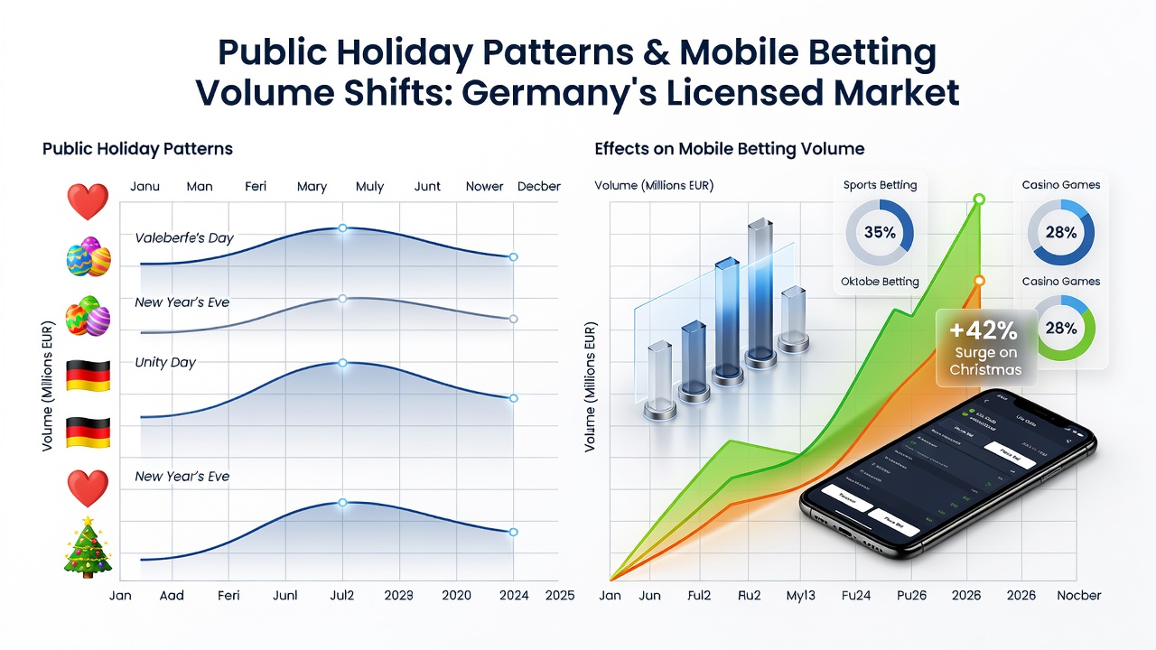 Darstellung von Datenanalysen zu Feiertagseffekten auf mobiles Wettvolumen mit Fokus auf deutsche Lizenzmärkte